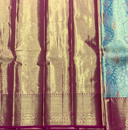 Sapphire Shade Pure Kanchipuram Kids Pattu Pavadai with Contrast Border for Newborn to 2 Years