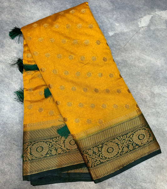 Crepe Saree Mustard Colour with Green Border