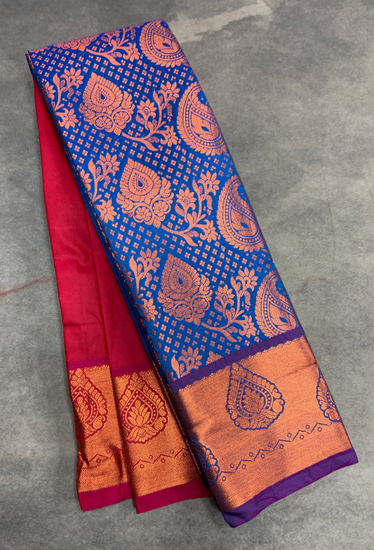 Vegan Silk Saree Sky Blue Colour with Magenta and Copper Border