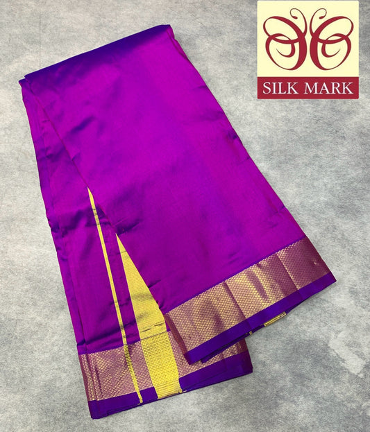 9X5 Pure Silk Dhoti Purple with Large Golden Zari Border