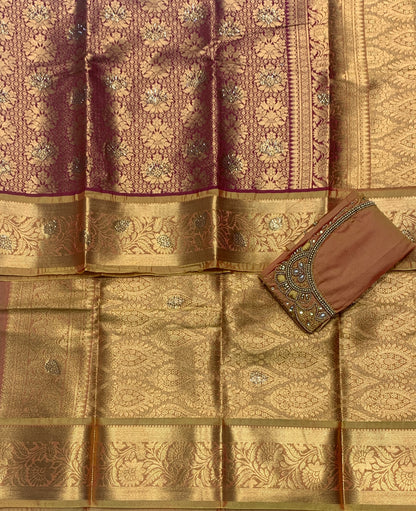 Bridal Vegan Silk Saree Maroon shade with Golden Yellow Border with Unstitched blouse in Aari Work