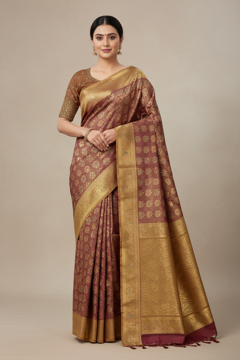 Bridal Vegan Silk Saree Maroon shade with Golden Yellow Border with Unstitched blouse in Aari Work