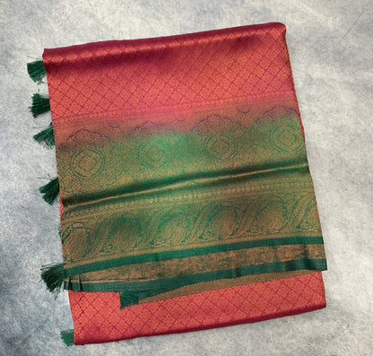 Soft Silk Saree Brown Colour with Green Colour Pallu