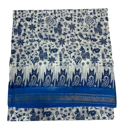 Chettinad Sungudi Cotton White Colour with Blue Border