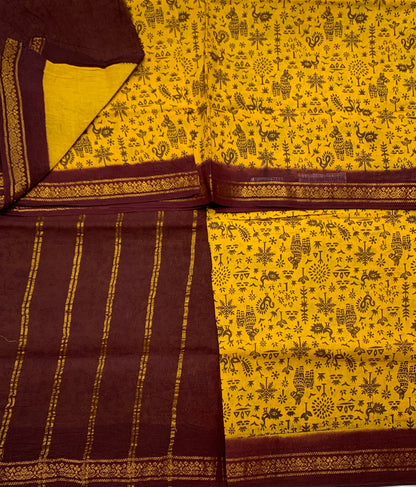 Chettinad Sungudi Cotton Mustard Colour with Brown Border