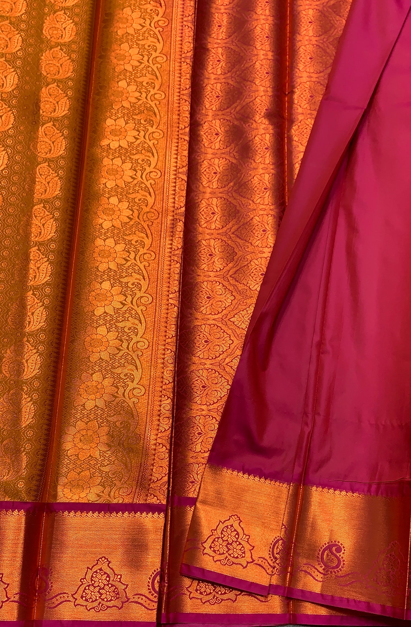 Vegan Silk Saree Golden Yellow Colour with Pink and Copper Border