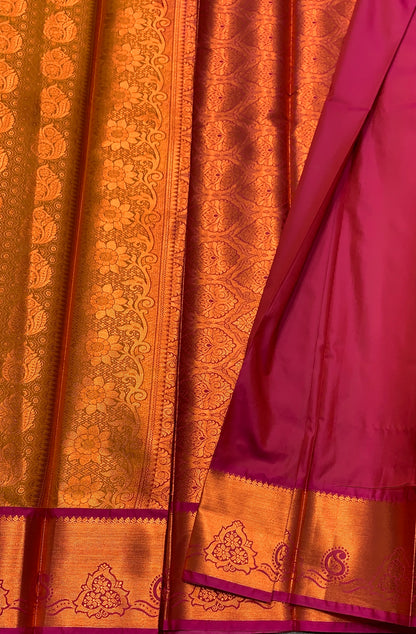 Vegan Silk Saree Golden Yellow Colour with Pink and Copper Border