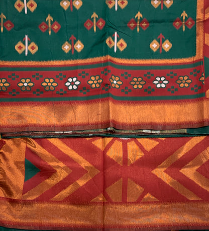 Pochampalli Semi Silk Saree Green Colour with Maroon Border