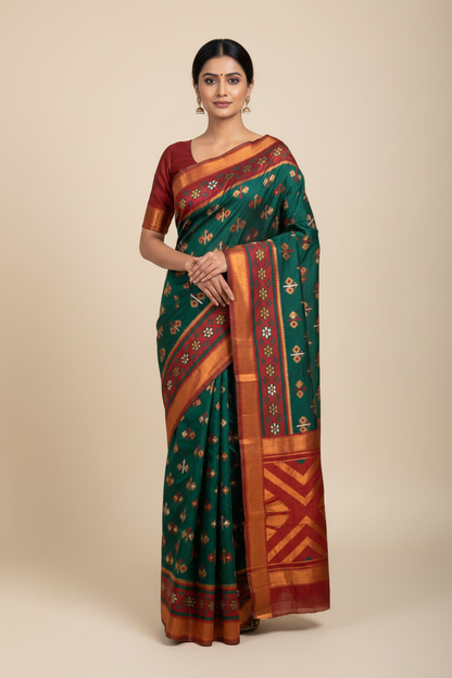 Pochampalli Semi Silk Saree Green Colour with Maroon Border