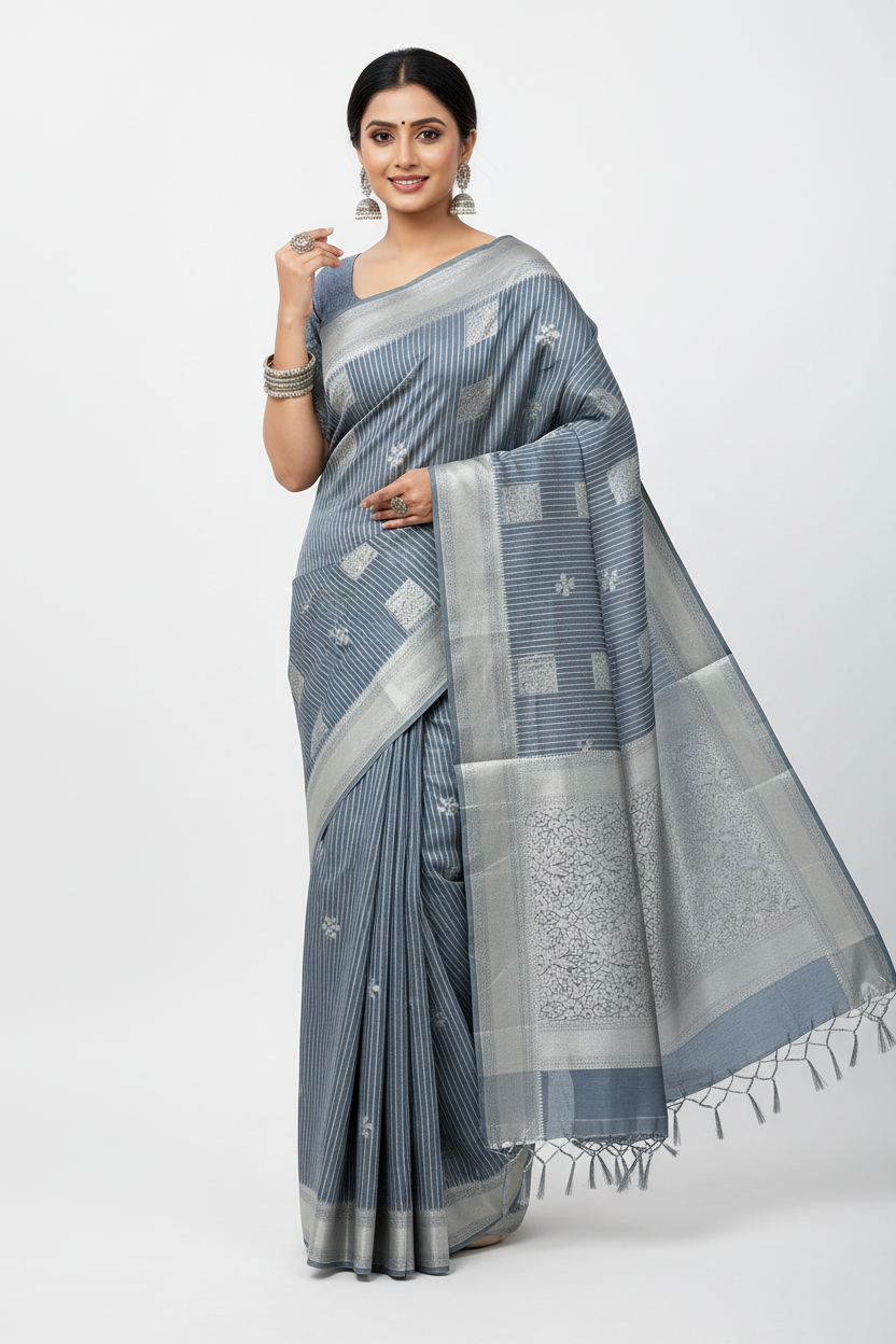 Fancy South Cotton Summer Special in Vibrant Pastel Colours - * Gray* with Sliver Zari Border