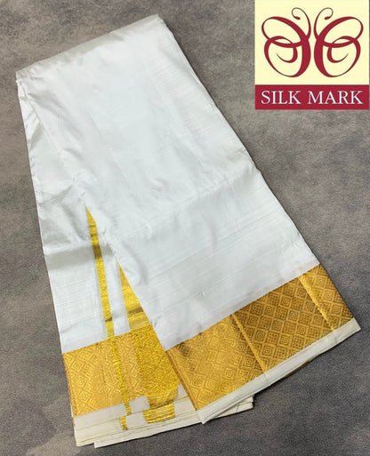 Pure Silk Dhoti 8 mulam White Colour with Big Zari Border
