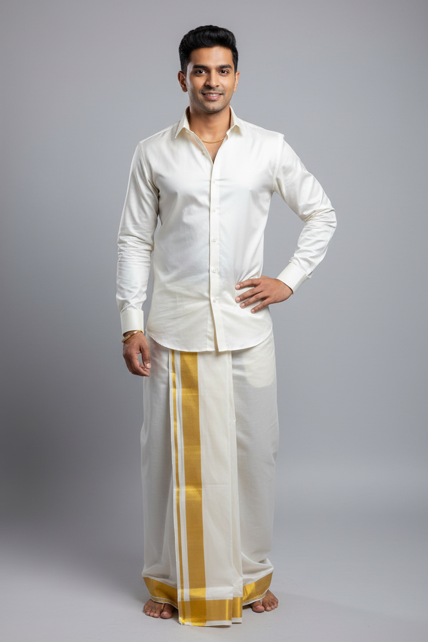 Pure Silk Dhoti 8 mulam White Colour with Big Zari Border
