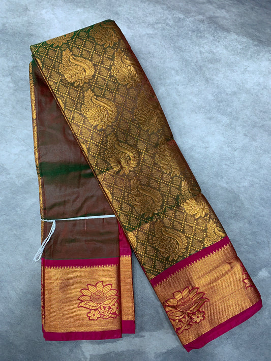 Vegan Silk Saree Olive Green Colour with Copper and Pink Border