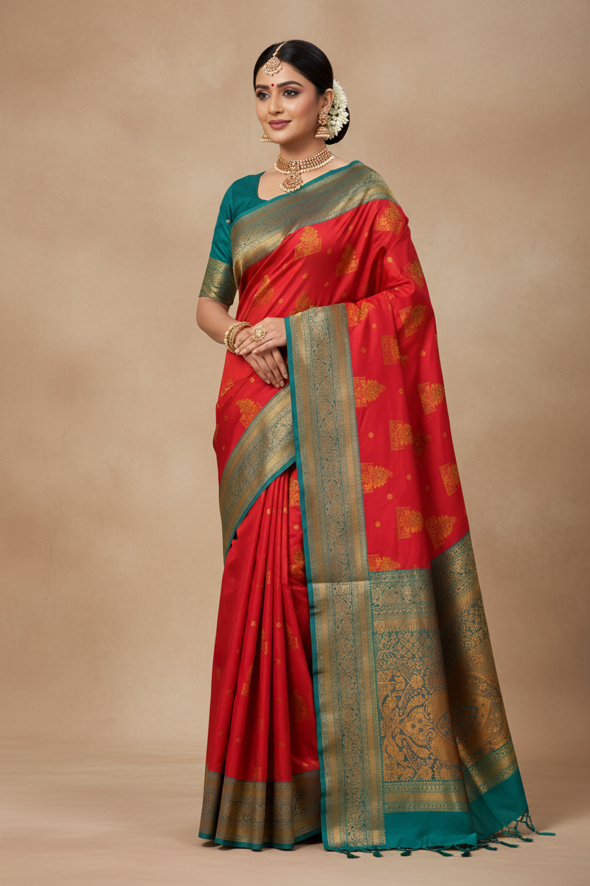 Soft Silk Casual Saree Peach Pink Colour with Rama Green and Golden Colour Border