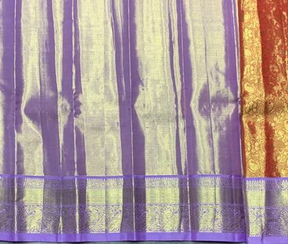 Reddish Orange Shade Pure Kanchipuram Kids Pattu Pavadai with Contrast Border for Newborn to 2 Years