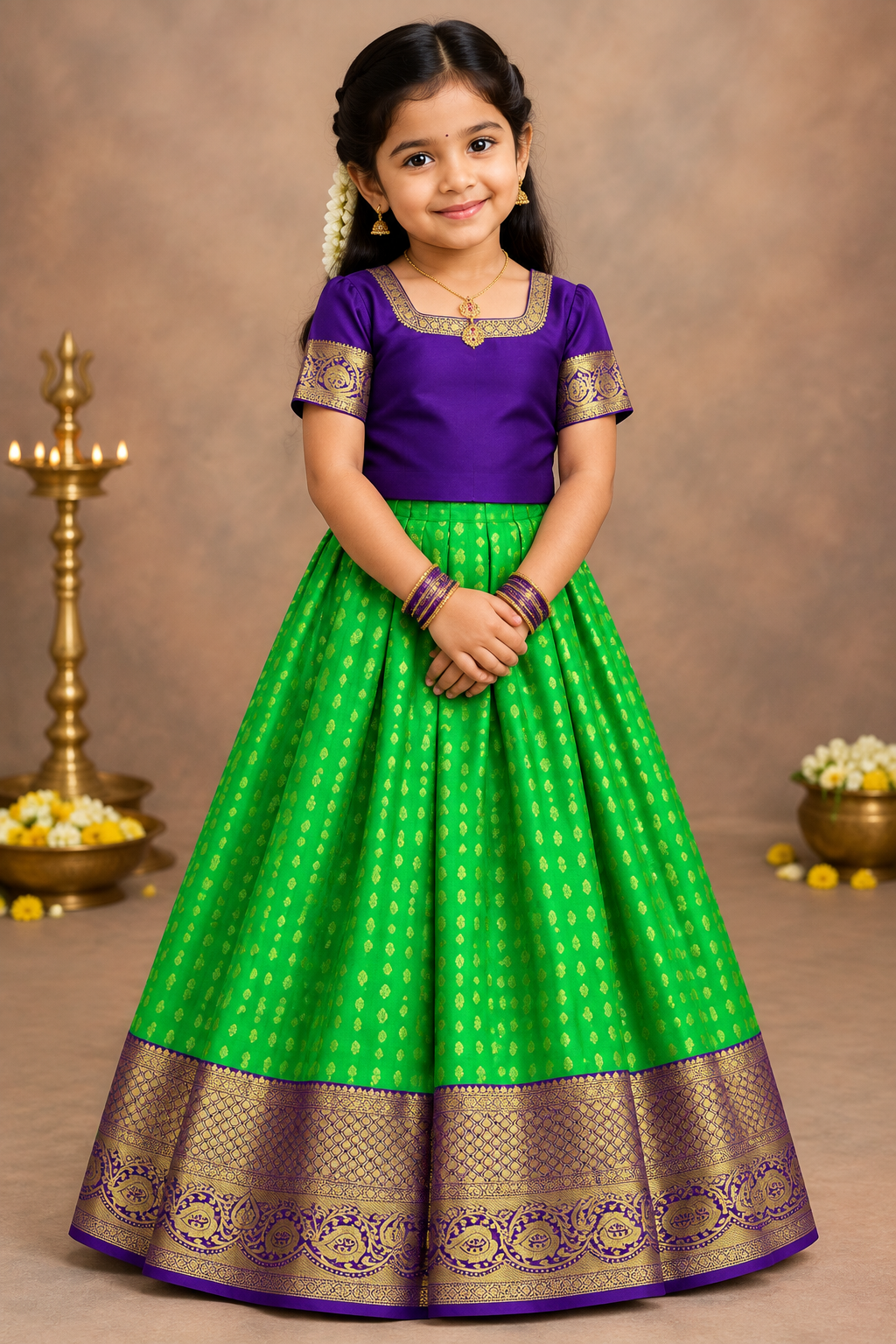 Light Green Shade Pure Kanchipuram Kids Pattu Pavadai with Contrast Border for Age Above 10 Years