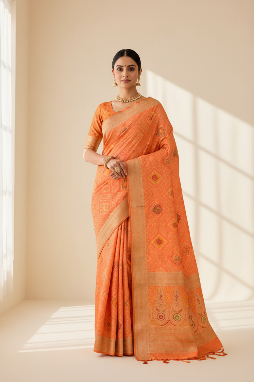 Banaras Soft Silk Saree Light Orange Colour with Sliver Colour Floral Design Border