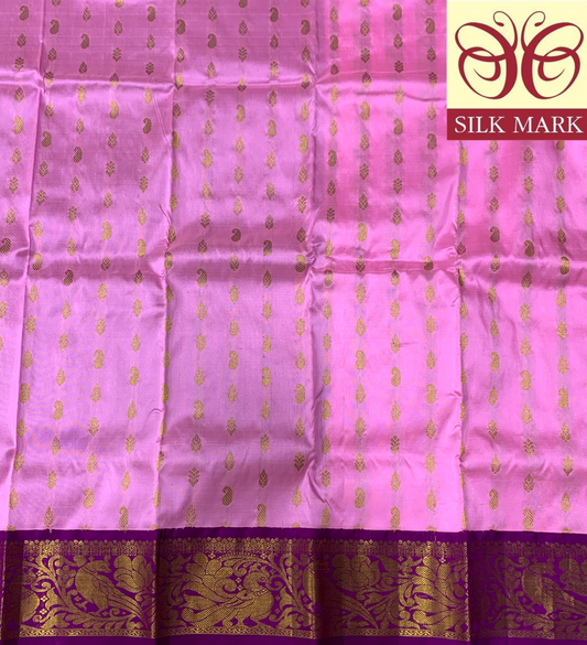 Baby Pink Shade Pure kanchipuram Kids Pattu Pavadai with Contrast border for Newborn to 2 Years