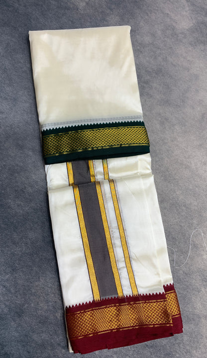 Art Silk Dhoti 8 Mulam Cream with Small Ganga Jamuna (Green/ Maroon )Border