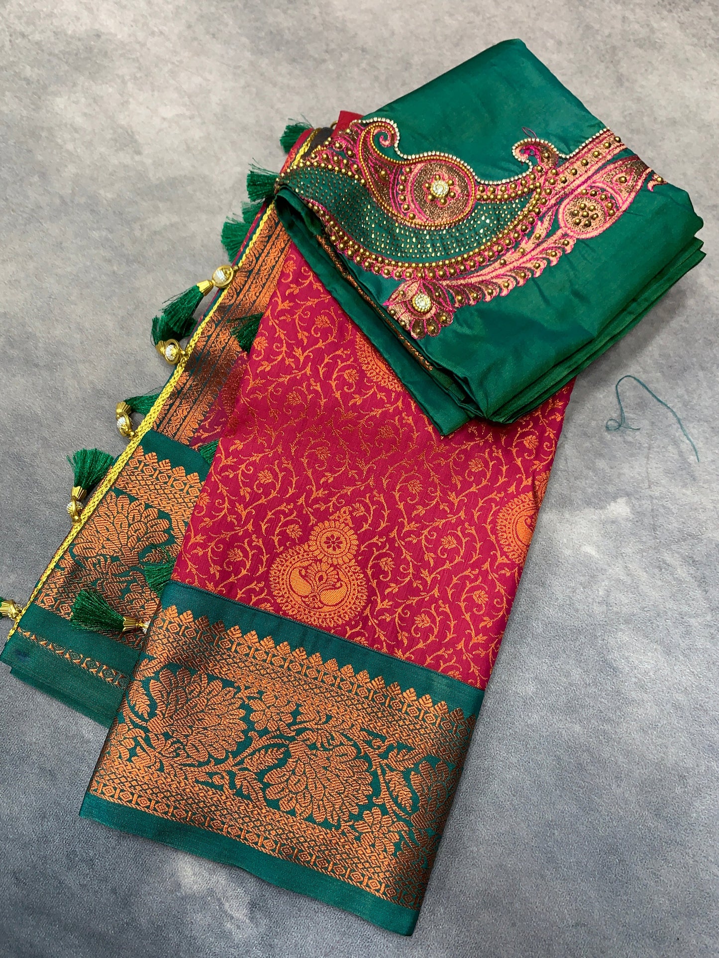 Bridal Vegan Silk Saree Red Colour with Rama Green Border with Unstitched blouse in Aari Work