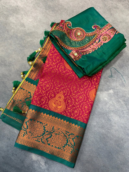Bridal Vegan Silk Saree Red Colour with Rama Green Border with Unstitched blouse in Aari Work