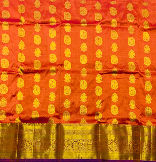 Dual Shade Pure Kanchipuram Kids Pattu Pavadai with Contrast border for age 2 to 5