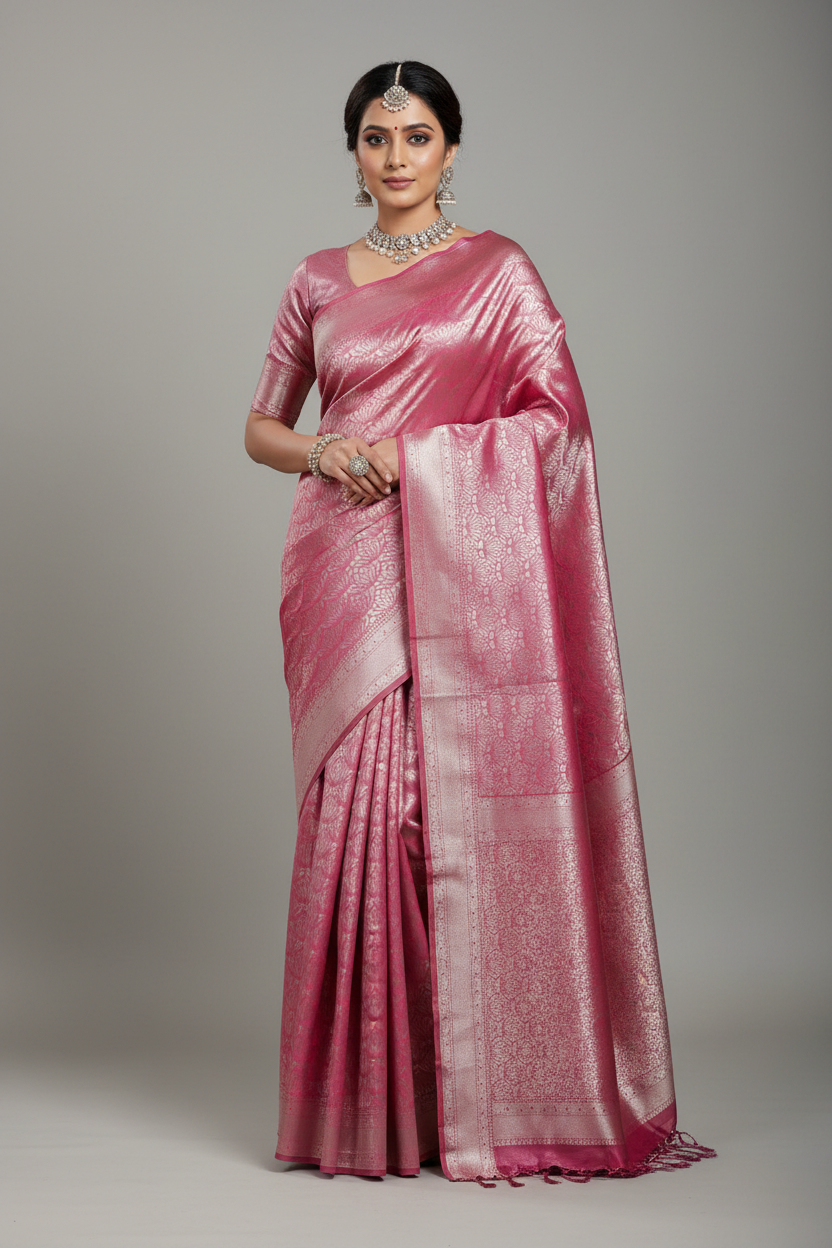 Fancy Tissue Saree Redis Pink Colour with Self Design Border
