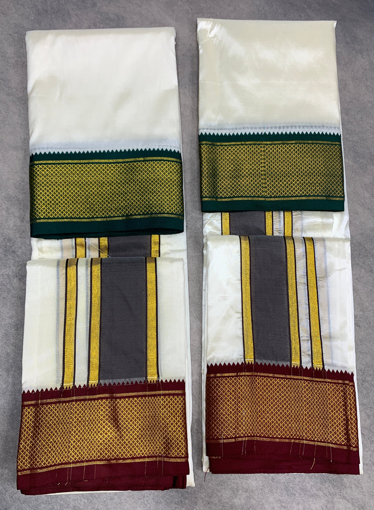 Art Silk Dhoti 8X4 Cream with Large Ganga Jamuna(Green/ Maroon) Border