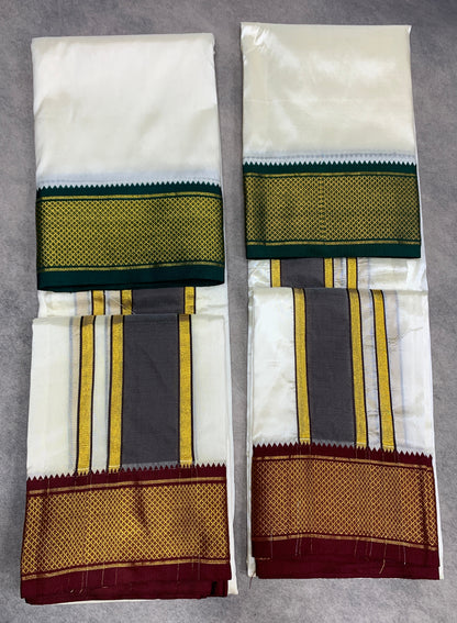 Art Silk Dhoti 8X4 Cream with Large Ganga Jamuna(Green/ Maroon) Border