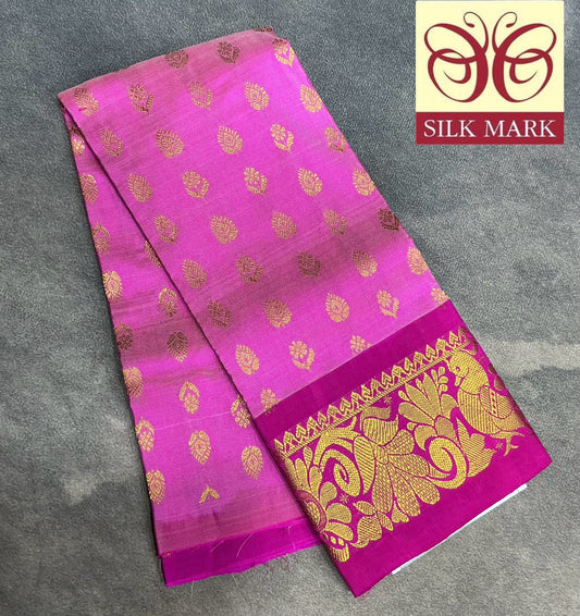 Pink Shade Pure Kanchipuram Kids Pattu Pavadai with Contrast Border for Newborn to 2 Years