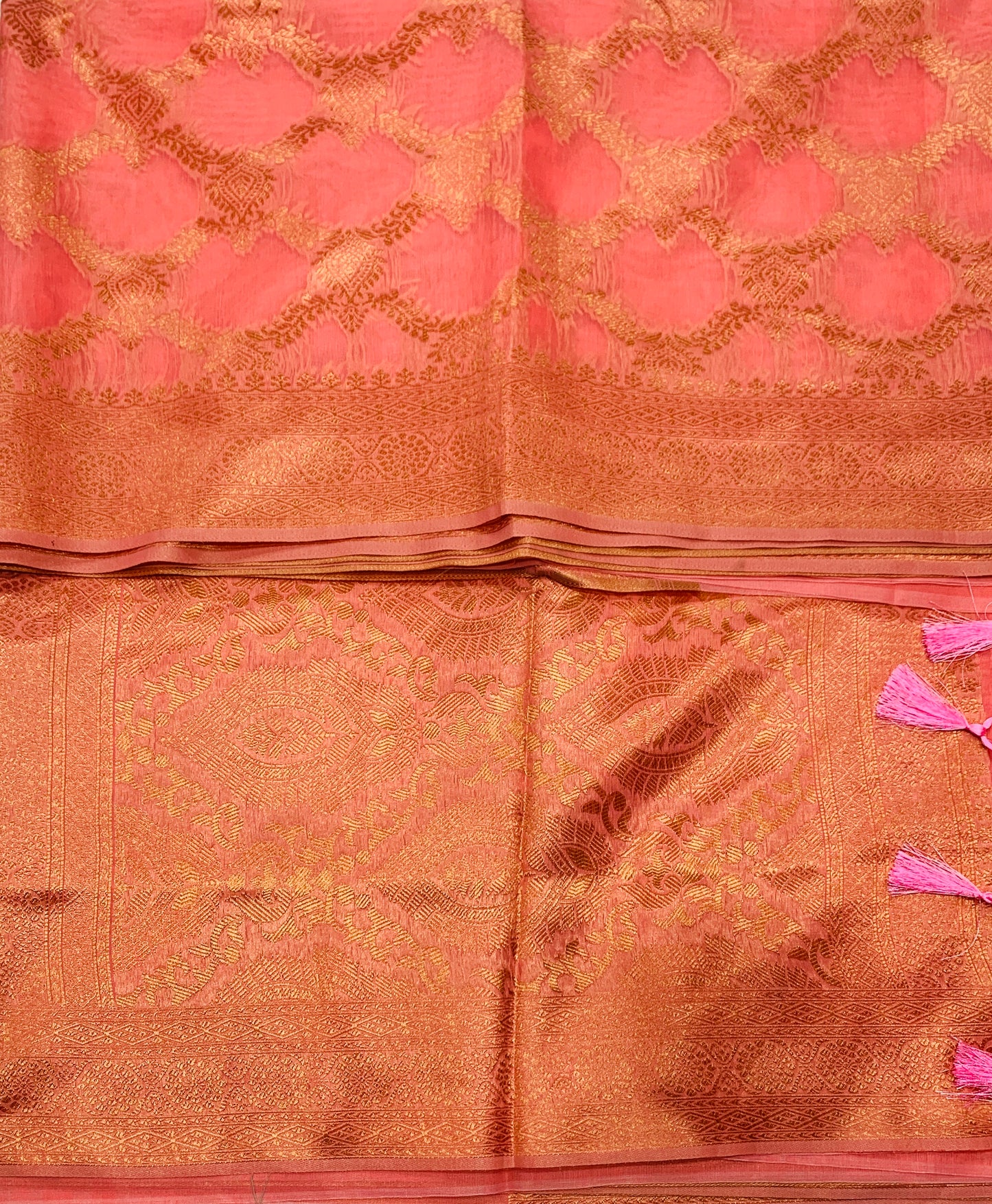 Banaras Katan Saree Peach Orange Colour with Katan Work Border