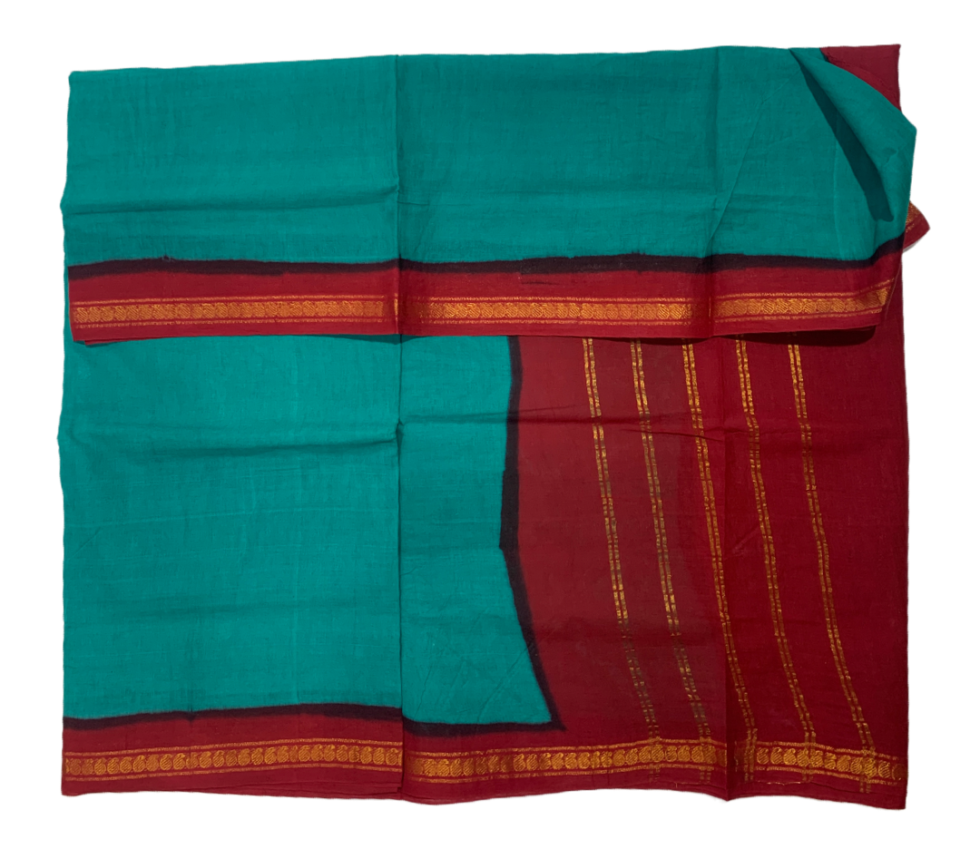 9 yards Cotton Saree Rama Green Colour with Red Border