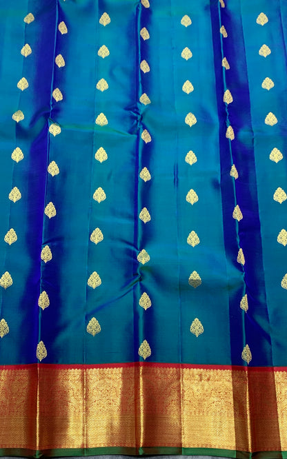 Pure Kanchipuram Silk Peacock Blue Colour with Red and Golden Zari Border