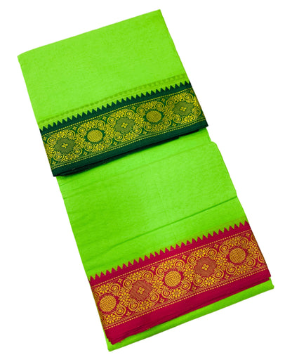 9X5 Cotton Dhoti Apple Green Colour with Green and Pink Border