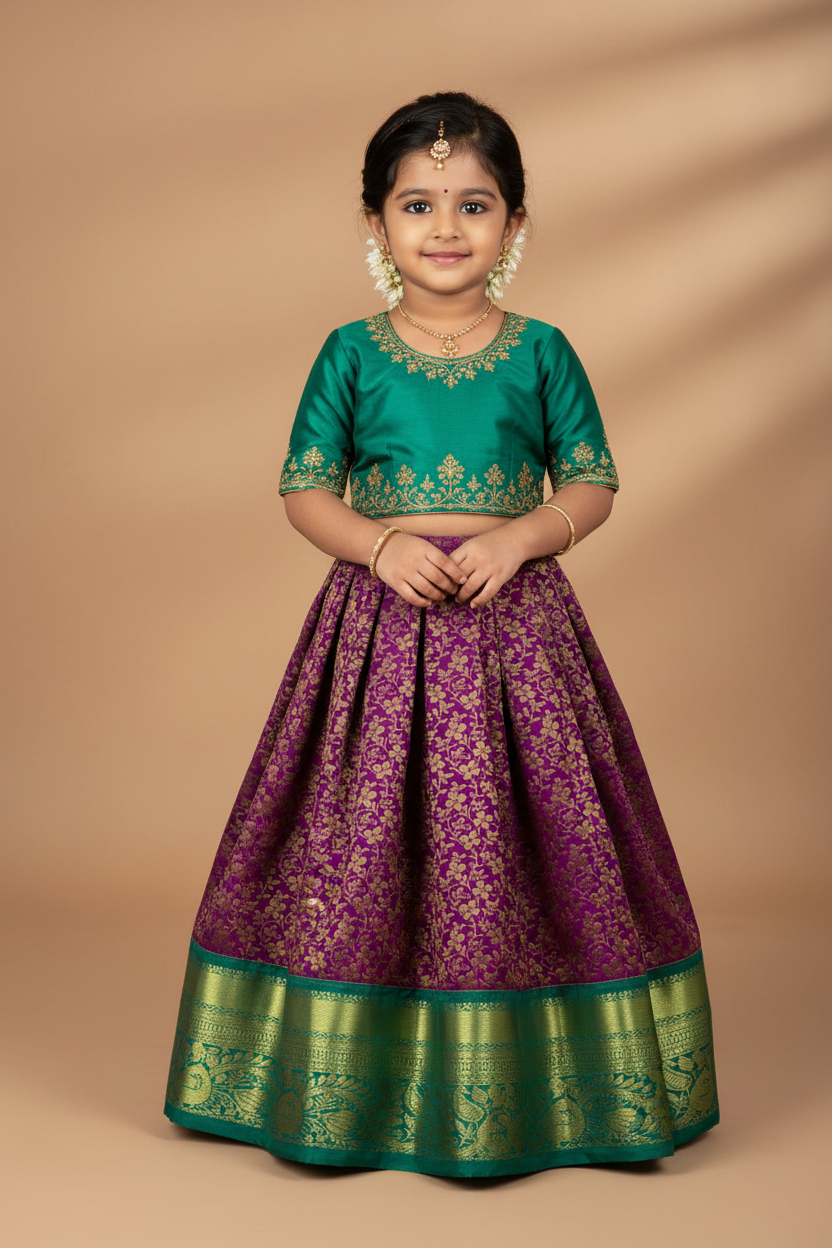 Purple Shade Vegan Silk Kids Pattu Pavadai with Contrast Border for age 2 to 5