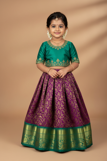 Purple Shade Vegan Silk Kids Pattu Pavadai with Contrast Border for age 2 to 5