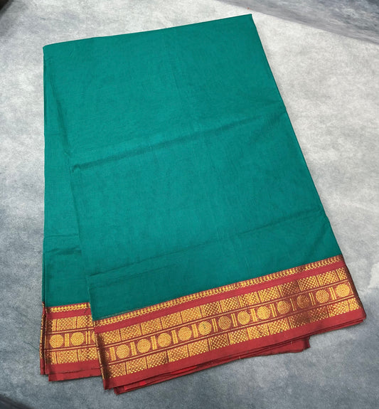 Chettinad Cotton Saree Teal Green Colour with Maroon Colour with Zari Work Border