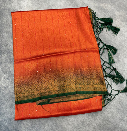 Soft Silk Saree Red Colour and Stone Work with Green Colour Pallu