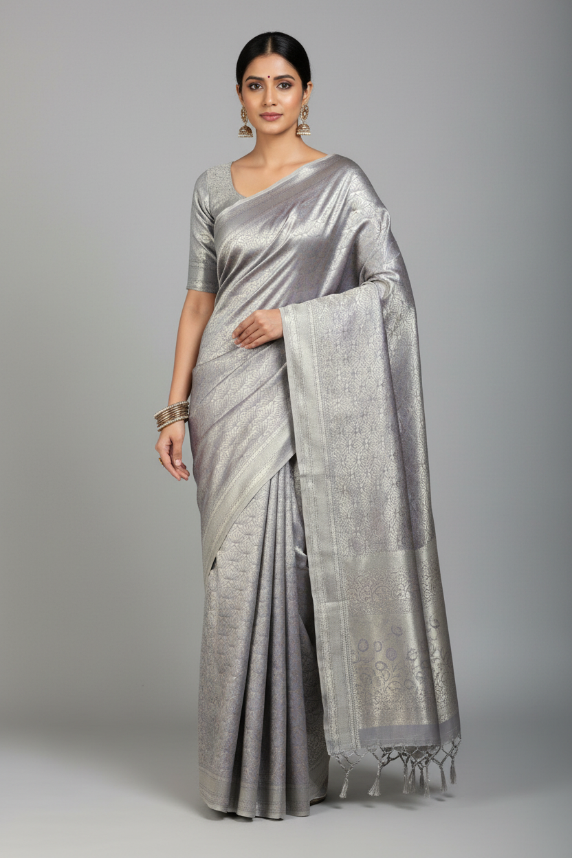 Fancy Tissue Saree Greyish Blue Colour with Self Design Border