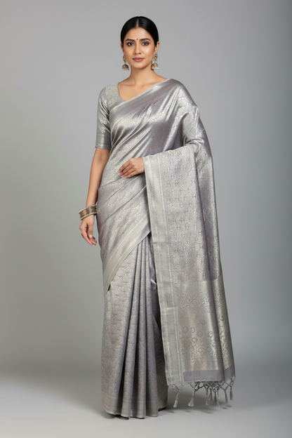Fancy Tissue Saree Greyish Blue Colour with Self Design Border