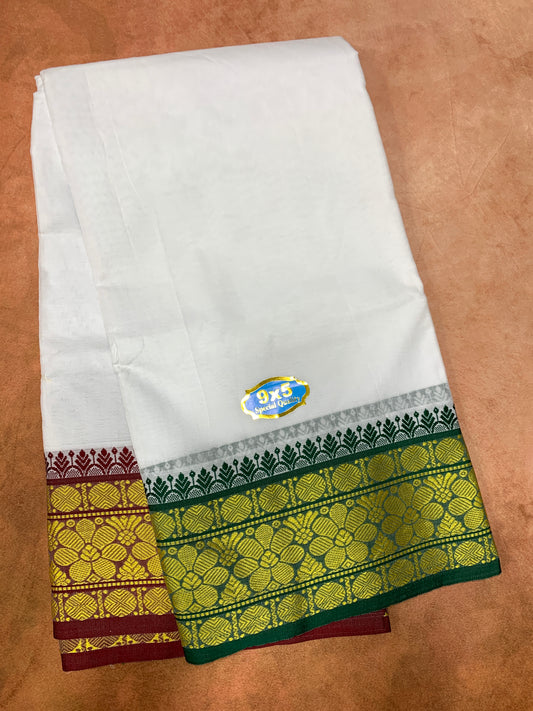 9X5 Cotton Dhoti White with Green and Brown Ganga Jamuna Border
