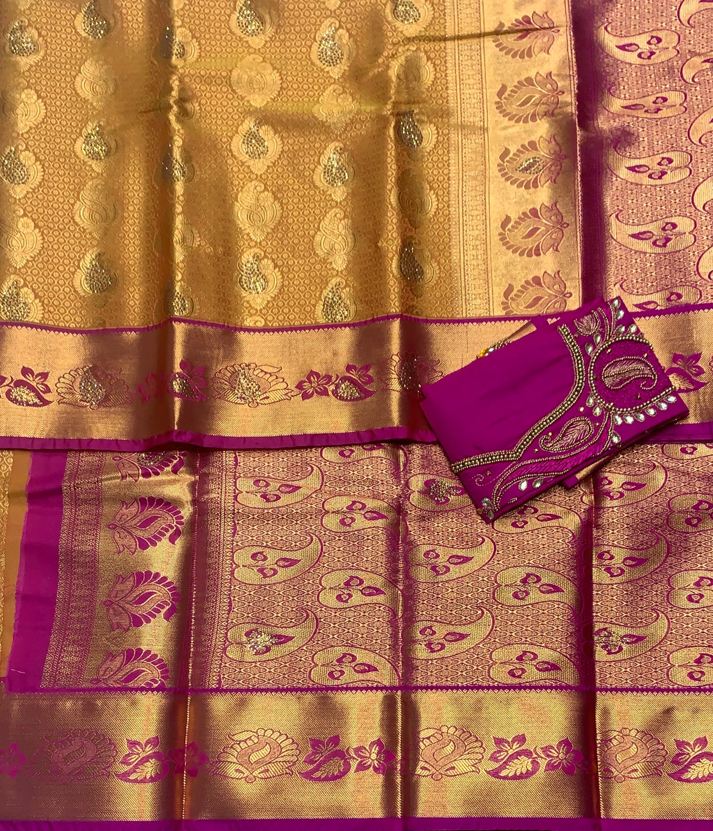 Bridal Vegan Silk Saree Golden Yellow shade with Pink Border with Unstitched blouse in Aari Work