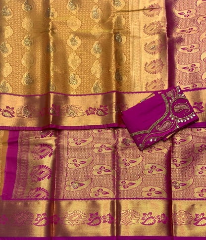 Bridal Vegan Silk Saree Golden Yellow shade with Pink Border with Unstitched blouse in Aari Work