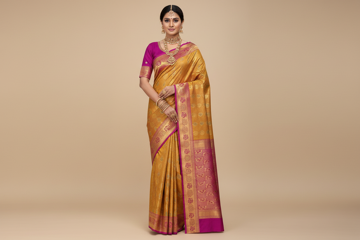 Bridal Vegan Silk Saree Golden Yellow shade with Pink Border with Unstitched blouse in Aari Work
