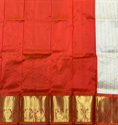 Ivory Shade Pure Kanchipuram Kids Pattu Pavadai with Contrast Border for age 2 to 5