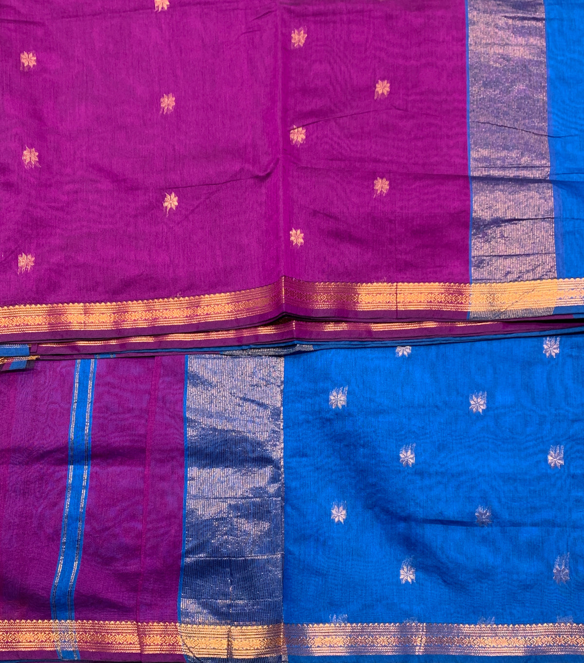 Magenta Colour Silk Cotton Saree with Copper Zari Border