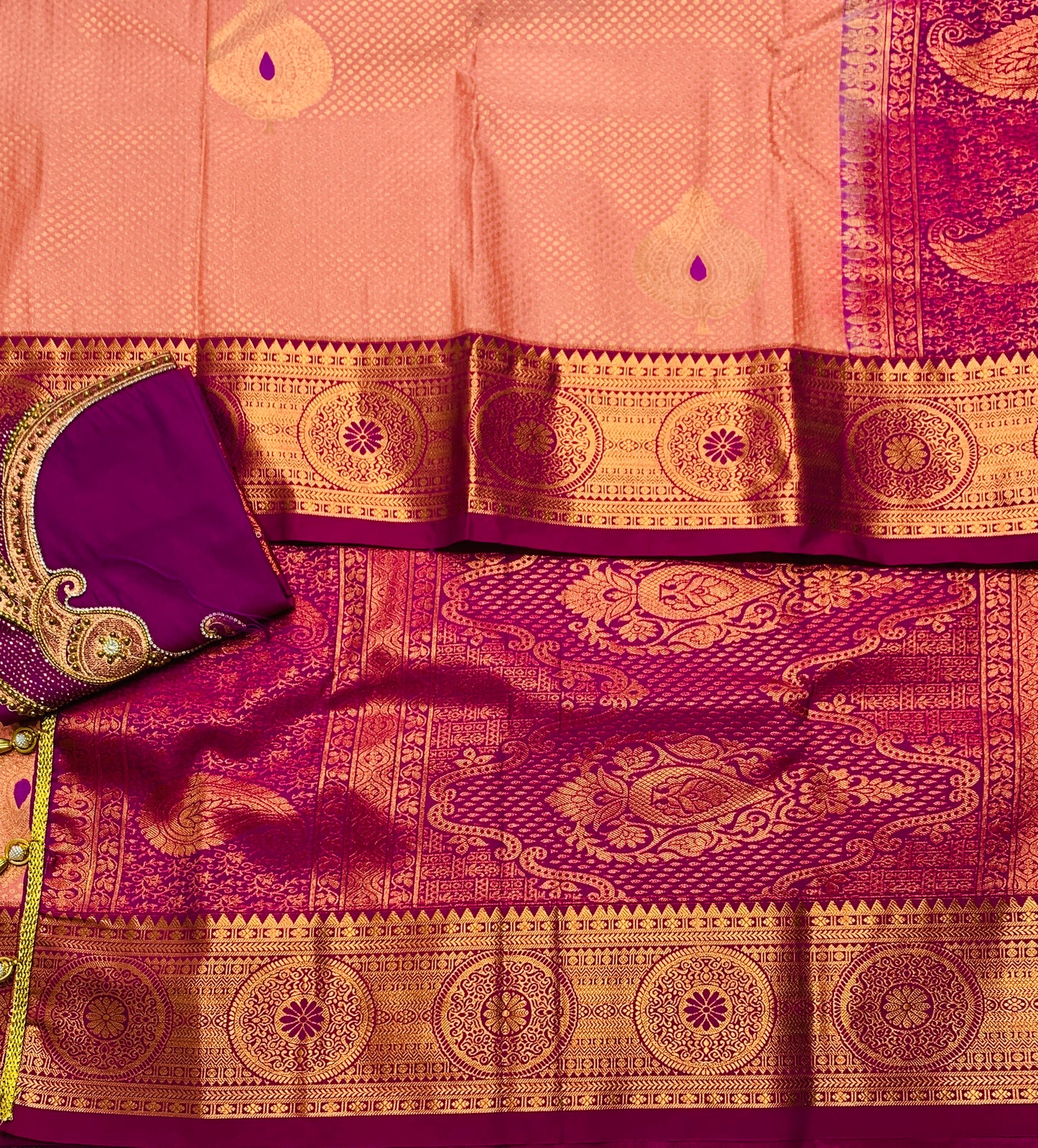 Bridal Vegan Silk Saree Peach Colour with Magenta Border with Unstitched blouse in Aari work