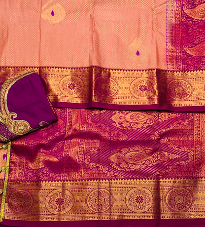 Bridal Vegan Silk Saree Peach Colour with Magenta Border with Unstitched blouse in Aari work