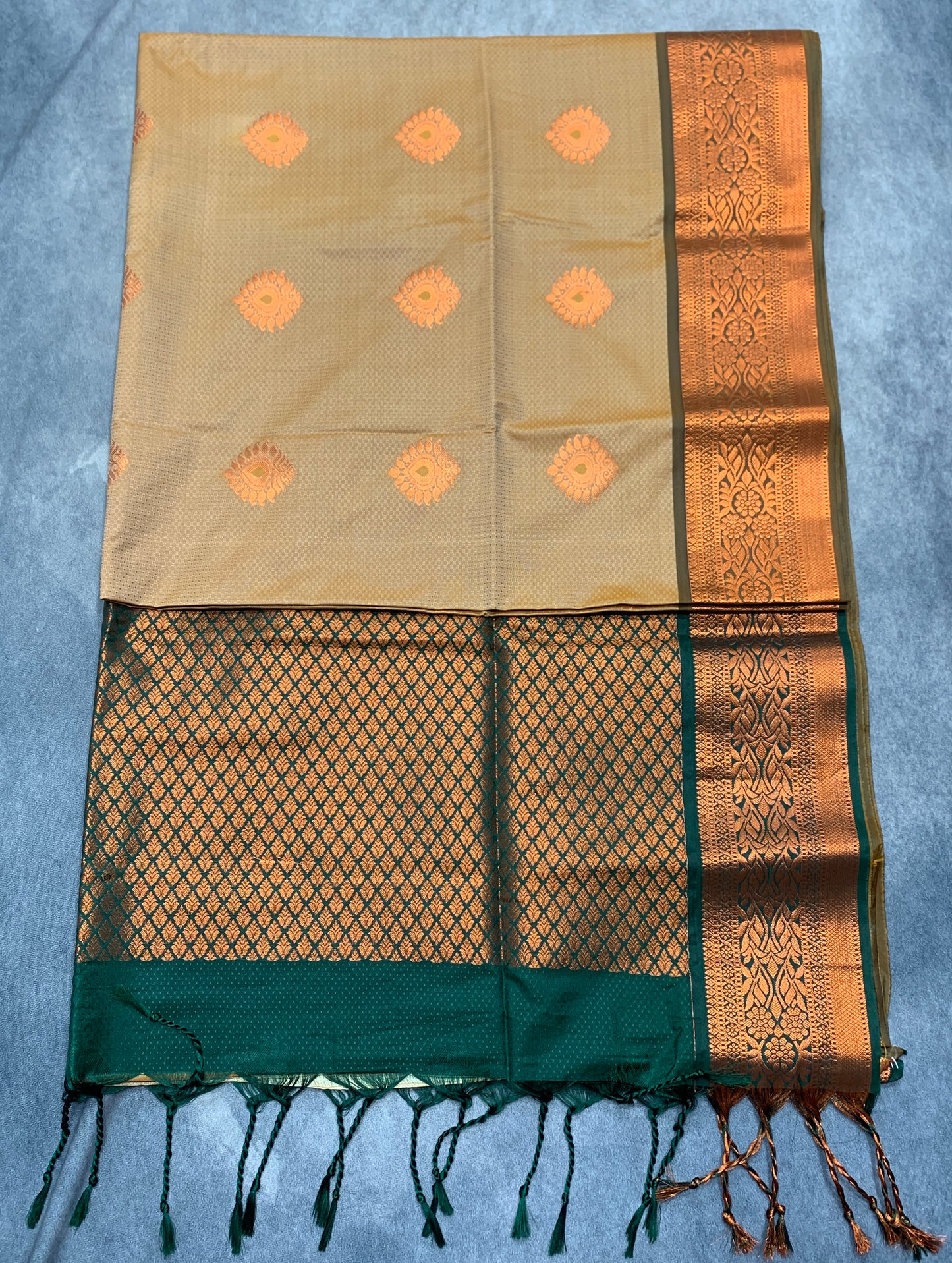 Soft Vegan Silk Saree Sandal Colour with Green and Copper Border