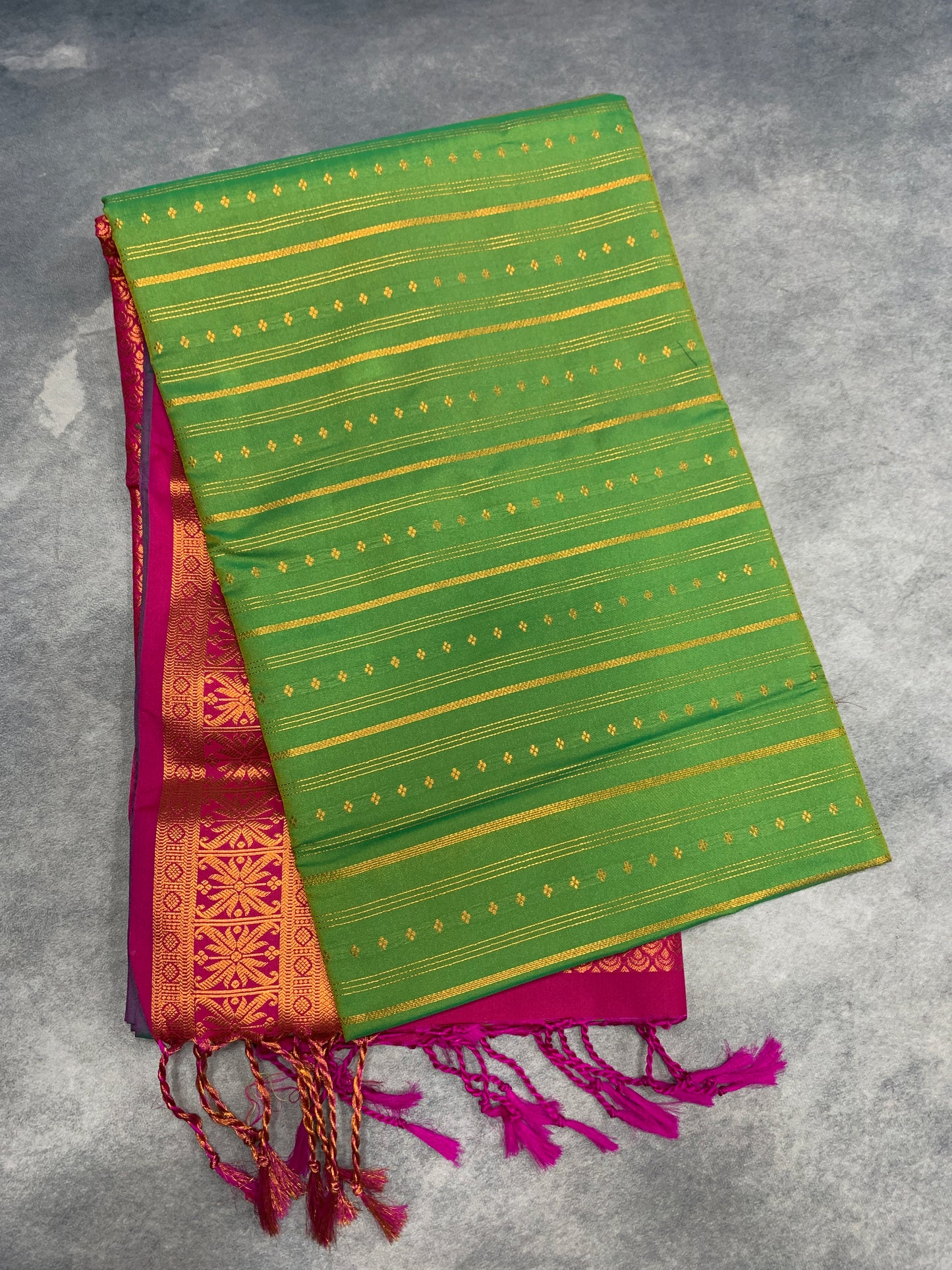Soft Vegan Silk Saree Light Green Colour with Pink and Copper Border